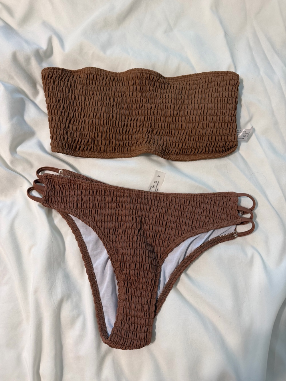 SHEIN Brown Smocked Bandeau Bikini Set